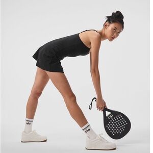 Alo black tennis dress with shorts courtside